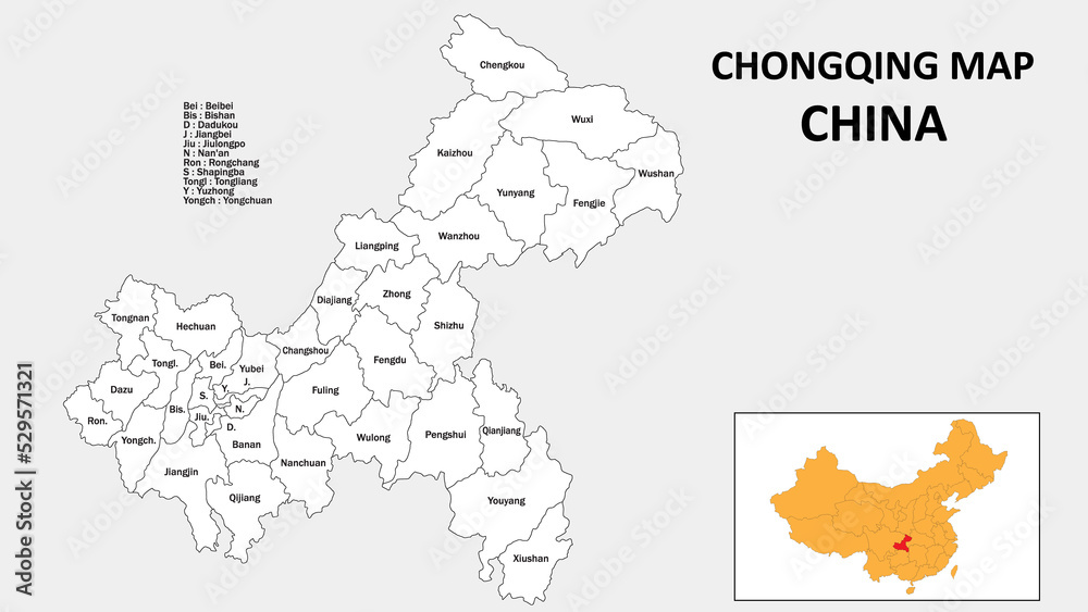 Chongqing Map of China. State and district map of Chongqing. Administrative map of Chongqing with the district in white color.