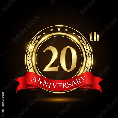 20th golden anniversary logo, with shiny ring and red ribbon, Laurel wrath isolated on black background, vector design