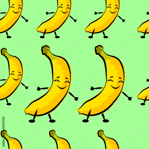 Banana seamless pattern. Funny smiling bananas with arms and feet on green background. Doodle banana vector illustration. Banana sketch with happy face. Ideal for fabric, wallpaper, wrapping paper.