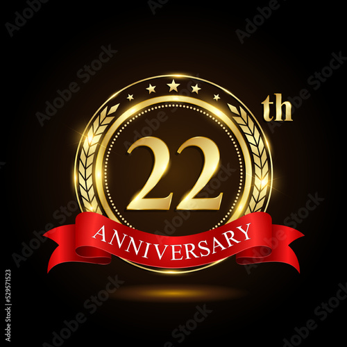 22th golden anniversary logo, with shiny ring and red ribbon, Laurel wrath isolated on black background, vector design