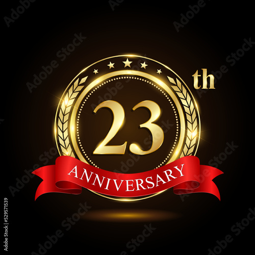 23th golden anniversary logo, with shiny ring and red ribbon, Laurel wrath isolated on black background, vector design