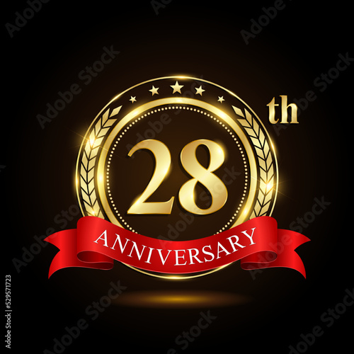 28th golden anniversary logo, with shiny ring and red ribbon, Laurel wrath isolated on black background, vector design
