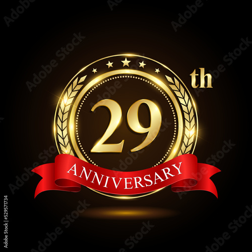 29th golden anniversary logo, with shiny ring and red ribbon, Laurel wrath isolated on black background, vector design