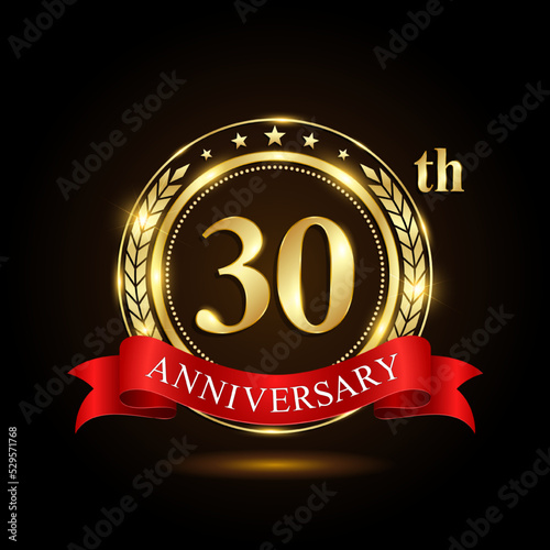 30th golden anniversary logo, with shiny ring and red ribbon, Laurel wrath isolated on black background, vector design