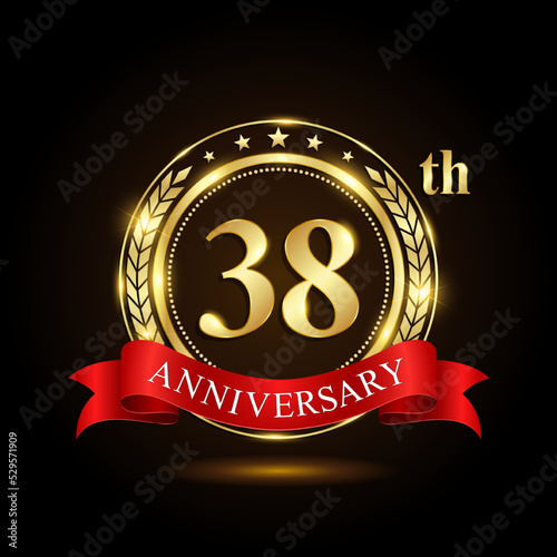 38th golden anniversary logo, with shiny ring and red ribbon, Laurel wrath isolated on black background, vector design