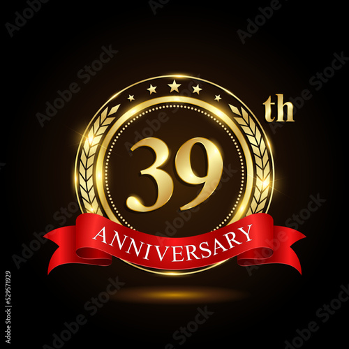 39th golden anniversary logo, with shiny ring and red ribbon, Laurel wrath isolated on black background, vector design