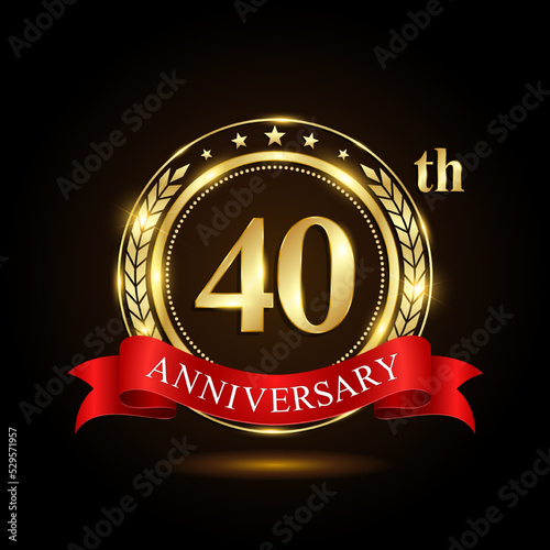 40th golden anniversary logo, with shiny ring and red ribbon, Laurel wrath isolated on black background, vector design