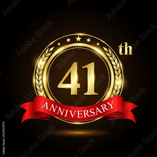 41th golden anniversary logo, with shiny ring and red ribbon, Laurel wrath isolated on black background, vector design