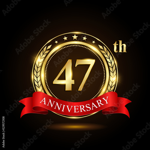 47th golden anniversary logo, with shiny ring and red ribbon, Laurel wrath isolated on black background, vector design