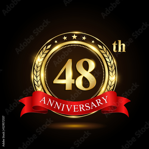 48th golden anniversary logo, with shiny ring and red ribbon, Laurel wrath isolated on black background, vector design