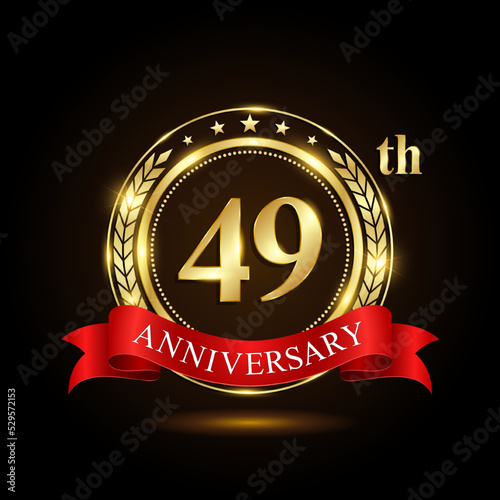 49th golden anniversary logo, with shiny ring and red ribbon, Laurel wrath isolated on black background, vector design