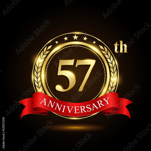 57th golden anniversary logo, with shiny ring and red ribbon, Laurel wrath isolated on black background, vector design