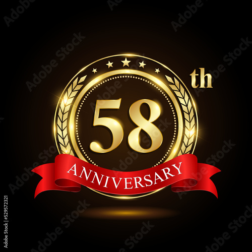 58th golden anniversary logo, with shiny ring and red ribbon, Laurel wrath isolated on black background, vector design