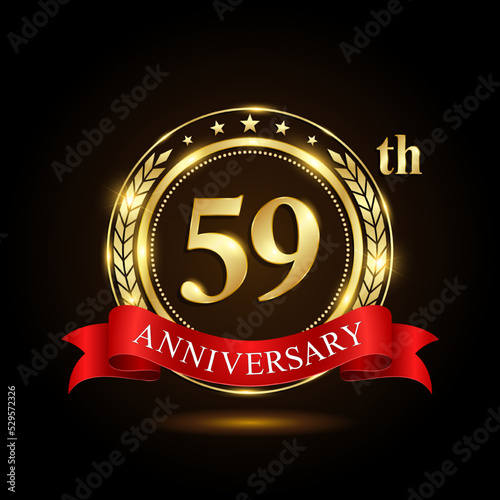 59th golden anniversary logo, with shiny ring and red ribbon, Laurel wrath isolated on black background, vector design