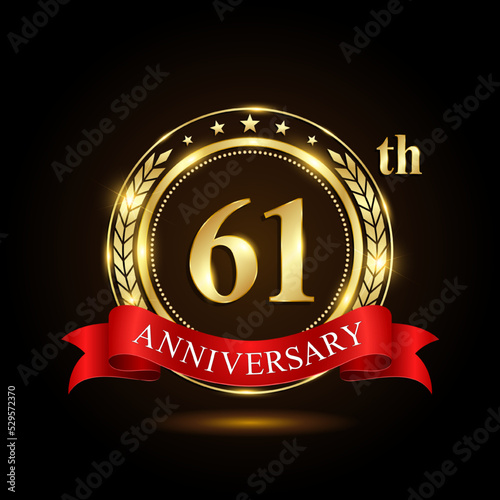 61th golden anniversary logo, with shiny ring and red ribbon, Laurel wrath isolated on black background, vector design