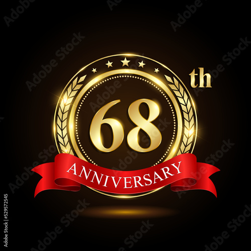68th golden anniversary logo, with shiny ring and red ribbon, Laurel wrath isolated on black background, vector design