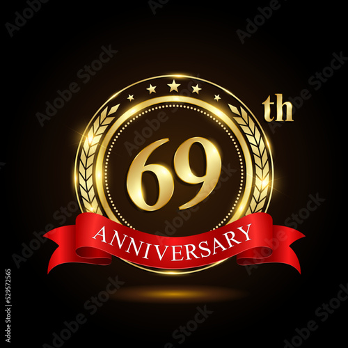 69th golden anniversary logo, with shiny ring and red ribbon, Laurel wrath isolated on black background, vector design