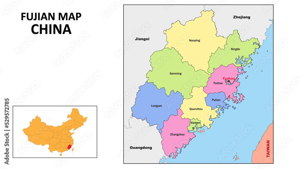 Fujian Map of China. State and district map of Fujian. Political map of Fujian with country capital.