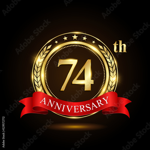 74th golden anniversary logo, with shiny ring and red ribbon, Laurel wrath isolated on black background, vector design