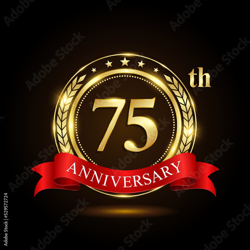 75th golden anniversary logo, with shiny ring and red ribbon, Laurel wrath isolated on black background, vector design