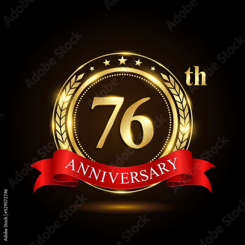 76th golden anniversary logo, with shiny ring and red ribbon, Laurel wrath isolated on black background, vector design