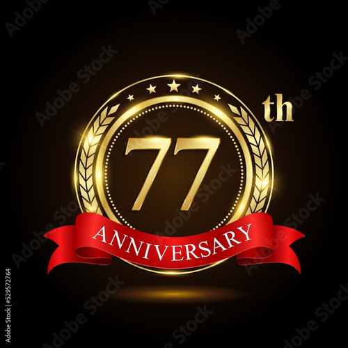 77th golden anniversary logo, with shiny ring and red ribbon, Laurel wrath isolated on black background, vector design