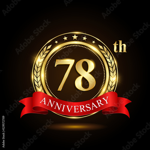 78th golden anniversary logo, with shiny ring and red ribbon, Laurel wrath isolated on black background, vector design