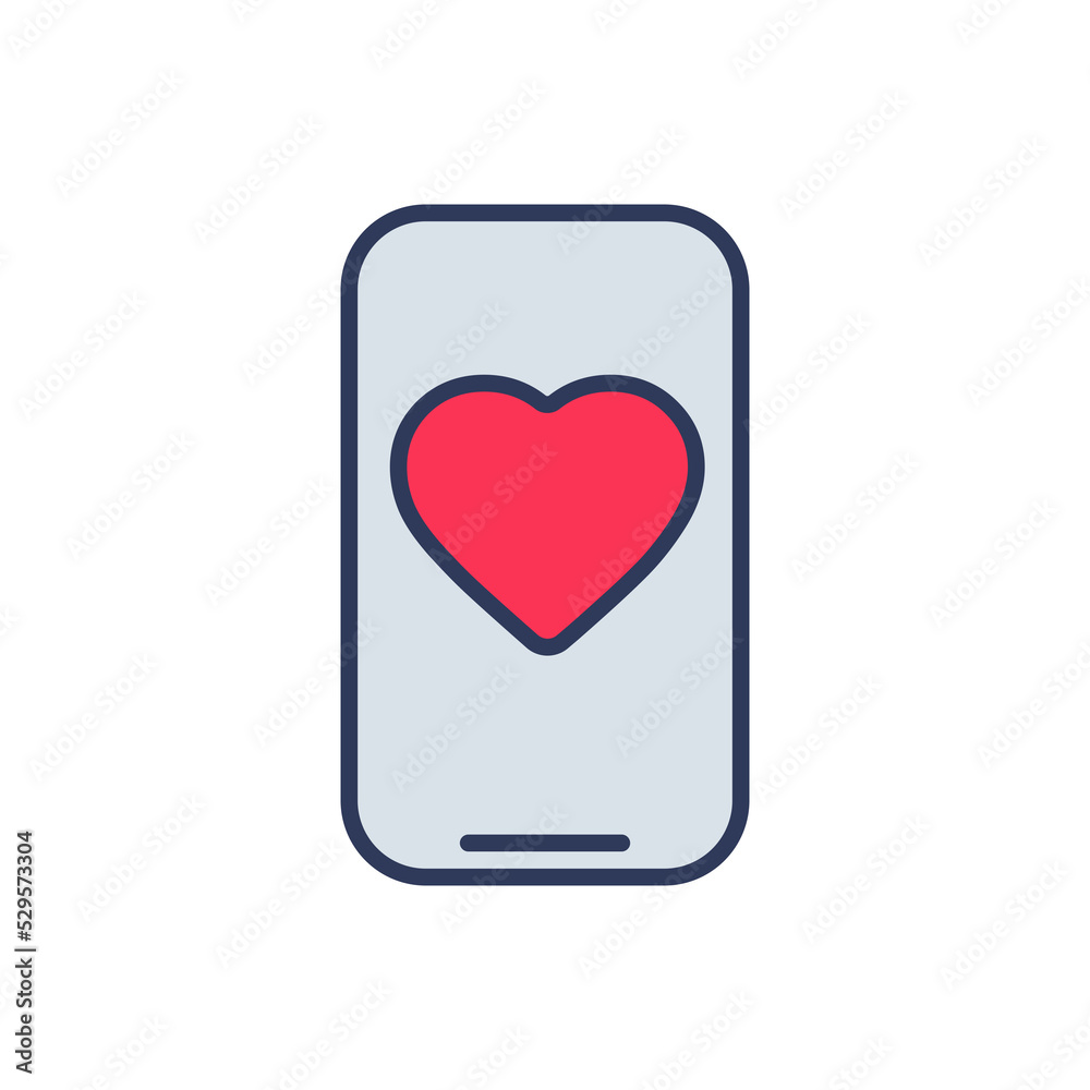 Flat filled outline valentine vector icon of smartphone and app