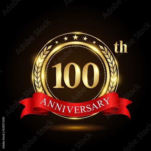 100th golden anniversary logo, with shiny ring and red ribbon, Laurel wrath isolated on black background, vector design