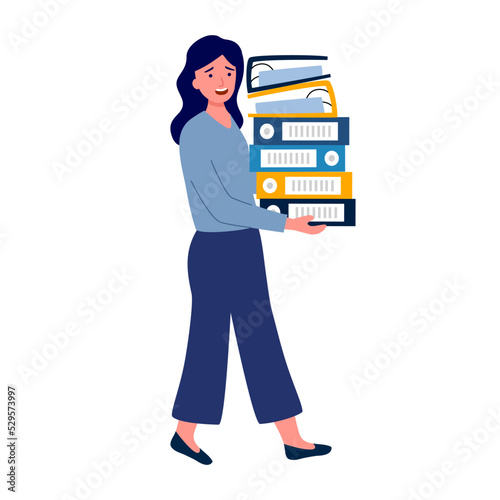 Businesswoman carrying document files in flat design. Overworked woman working in office.