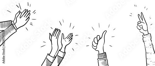 Applause hand draw, doodle clapping ovation. thumbs up gesture isolated on white background , vector illustration.
