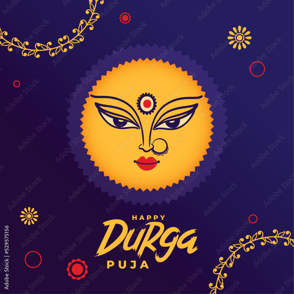 decorative happy durga puja holiday card with maa durga face design vector illustration