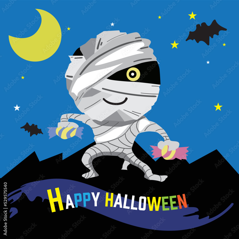 Fototapeta premium ハロウィン・キャンディを持つミイラ男のキャラクターイラスト