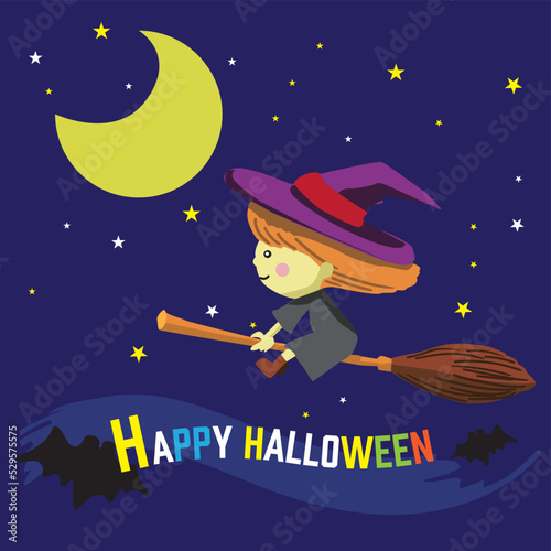 ハロウィン・ほうきにのって空を飛ぶかわいい魔女のキャラクターイラスト