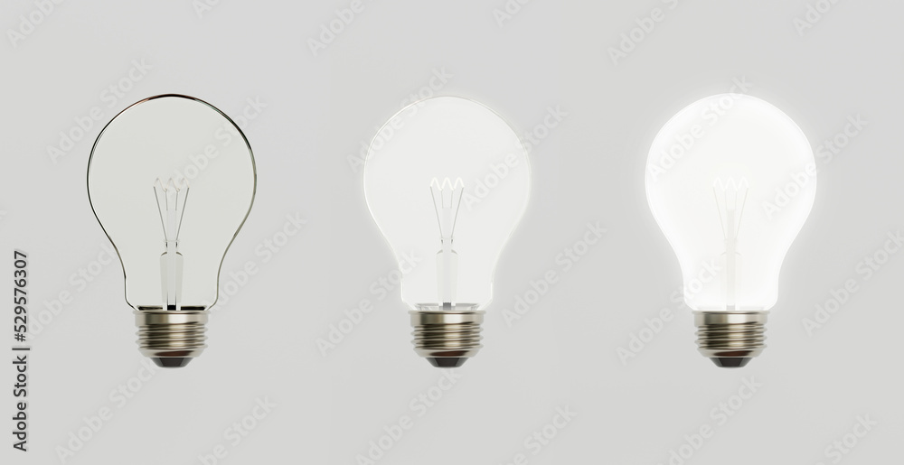 Incandescent light bulb, set of illuminated and non illuminated, 3d rendering. Incandescent light bulb, set of illuminated and non illuminated, 3d rendering.