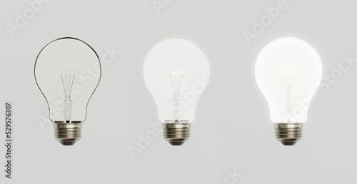 Incandescent light bulb, set of illuminated and non illuminated, 3d rendering.
