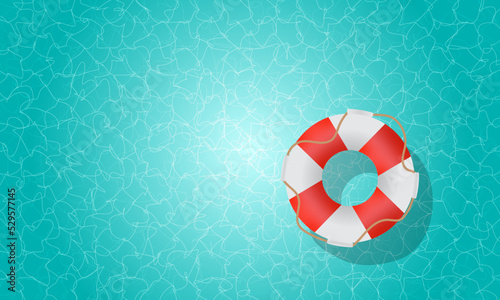 Vector a red inflatable ring floating in swimming pool top view.  Realistic 3D lifebuoy on the blue water background. 