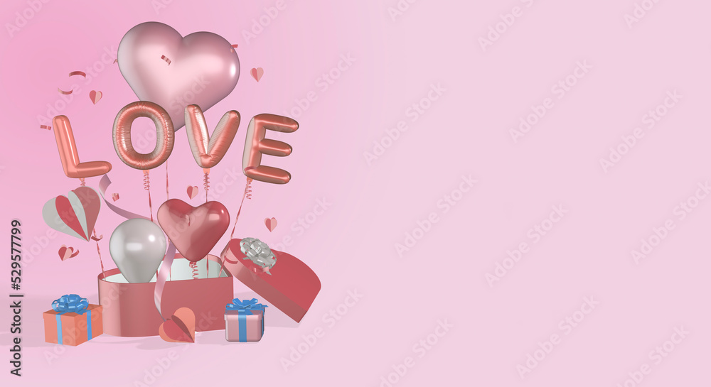 3D render rendered gift boxes heart balloons ribbon bows balloon love text suitable for valentines day birthday or anniversary
