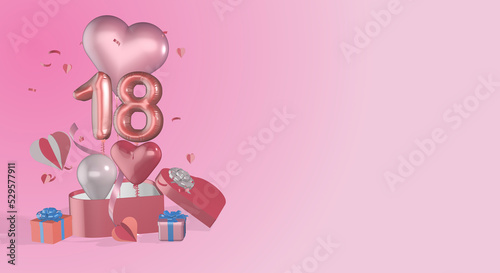 3D render rendered gift boxes heart balloons ribbon bows balloon numbers numerals suitable for 18th birthday or anniversary photo