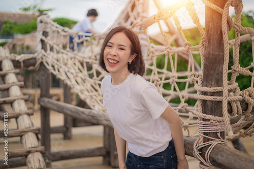 Beauty Asian women white t shirts on playground school Activity