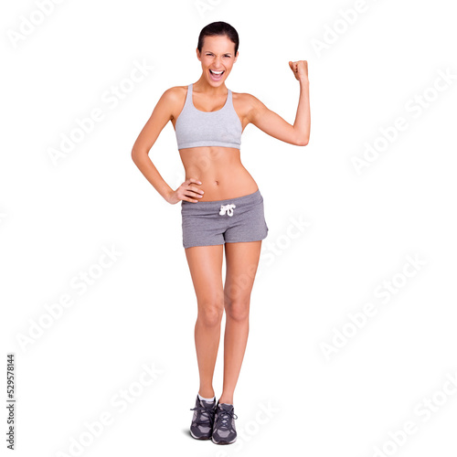 Fitness, exercise and healthy body of a woman with a muscle flex after  workout or training on a png, transparent and mockup or isolated background.  A girl feeling fit, strong and confident in sport Stock Photo