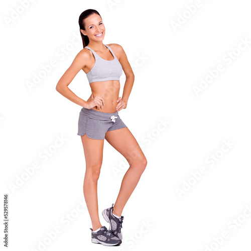 Fitness, exercise and healthy body of a woman after her workout and training on a png, transparent and mockup or isolated background. A beautiful girl feeling fit and confident in wellness or sport