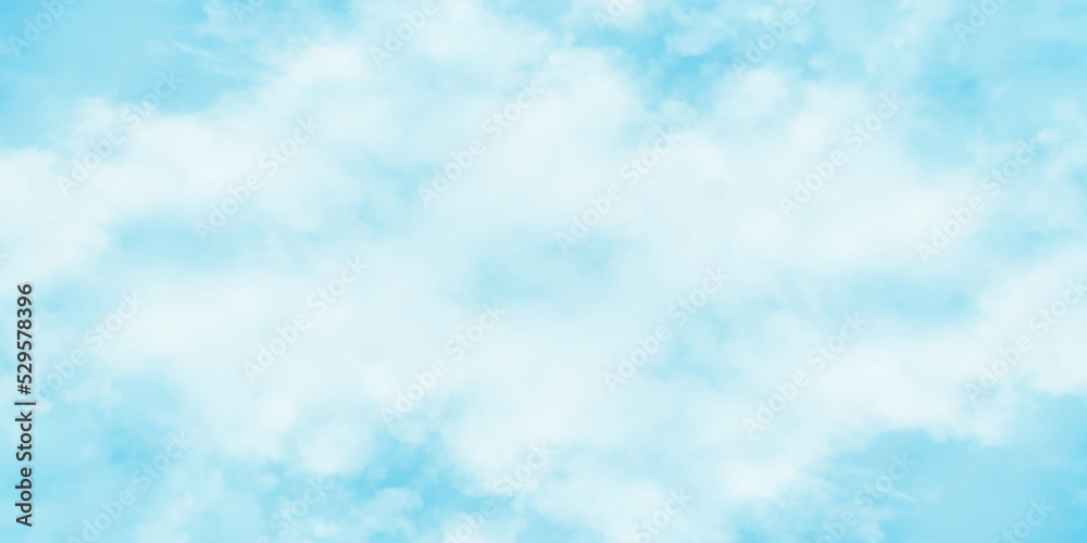 White clouds on painted puffy blue sky, winter seasonal blue sky background with blurry clouds, realistic morning sky surrounding with clouds cape.