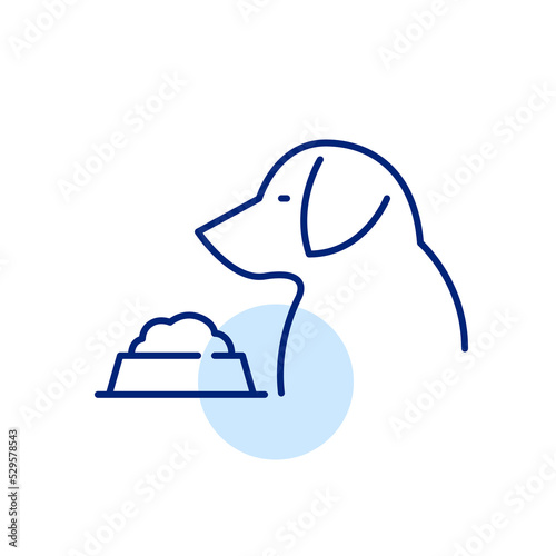 Dog with a bowl full of food. Pet supplies icon. Pixel perfect, editable stroke line