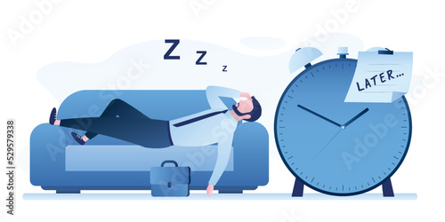 Break time. Procrastination do it later, postpone to work tomorrow, unproductive. Lazy worker man sleeping on lies on couch. Big note with written word - later sticky on alarm clock.