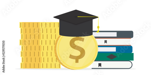 Money for education in college, investment in school. Scholarship of student. Tuition fees, textbooks and graduation hat. Finance loan, debt for study in university. Stacks of dollar coins.