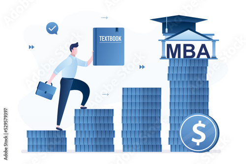 Student holds textbook and climb up money ladder. MBA, payment for business education. Investment in education. Tuition fees, finance loan for study. Hand gives graduation hat.