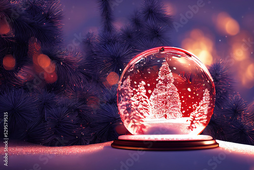 illustration of hristmas snow globe with christmas tree and snow inside photo