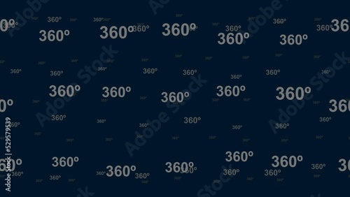 360 degree symbols float horizontally from left to right. Parallax fly effect. Floating symbols are located randomly. Seamless looped 4k animation on dark blue background