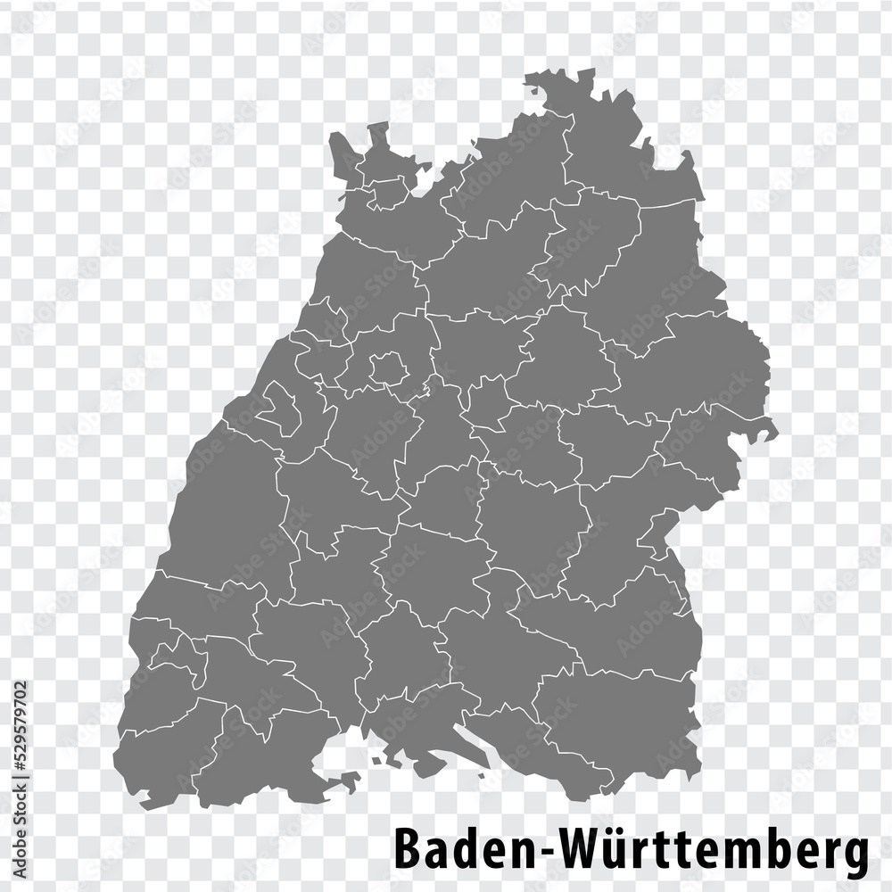 Map Free State of Baden-Wurttemberg on transparent background. Baden-Wurttemberg map with  districts  in gray for your design. Land of Germany. EPS10. - obrazy, fototapety, plakaty 